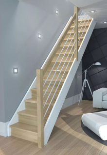 DOLLE HELSINKI - schody rovné s podstupnicemi, dub nelakovaný/bílá, zábradlí pruty